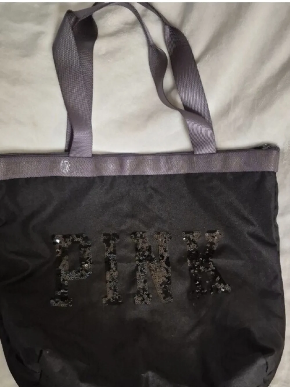 PINK Victoria's Secret Black Tote with Lavender Trim and Sequin Logo
